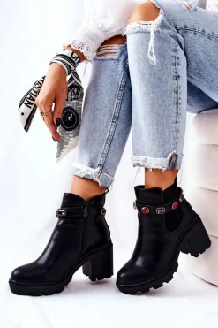 Skórzane Botki Damskie Na Słupku Z Kryształami Czarne Makbet