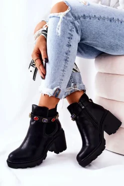 Skórzane Botki Damskie Na Słupku Z Kryształami Czarne Makbet