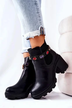 Skórzane Botki Damskie Na Słupku Z Kryształami Czarne Makbet