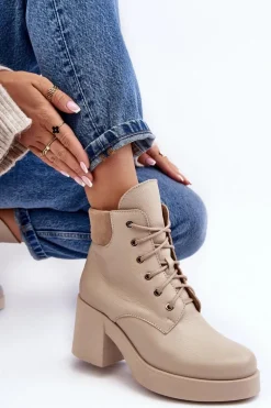 Skórzane Botki Damskie Na Słupku Beżowe Lemar Leocera