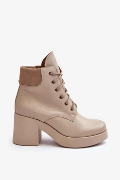 Skórzane Botki Damskie Na Słupku Beżowe Lemar Leocera