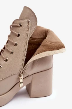 Skórzane Botki Damskie Na Słupku Beżowe Lemar Leocera