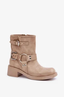 Skórzane Botki Damskie Na Niskim Obcasie Klocku Z Paskami Zazoo 3644 Beżowe