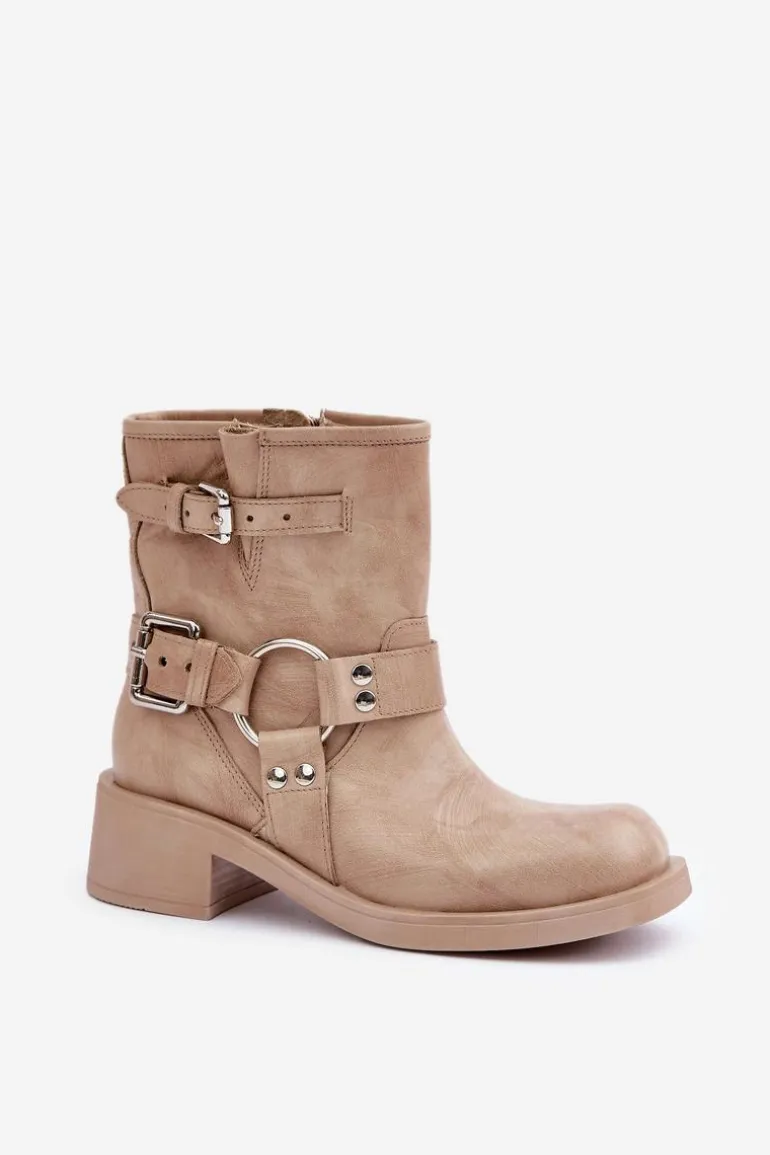 Skórzane Botki Damskie Na Niskim Obcasie Klocku Z Paskami Zazoo 3644 Beżowe