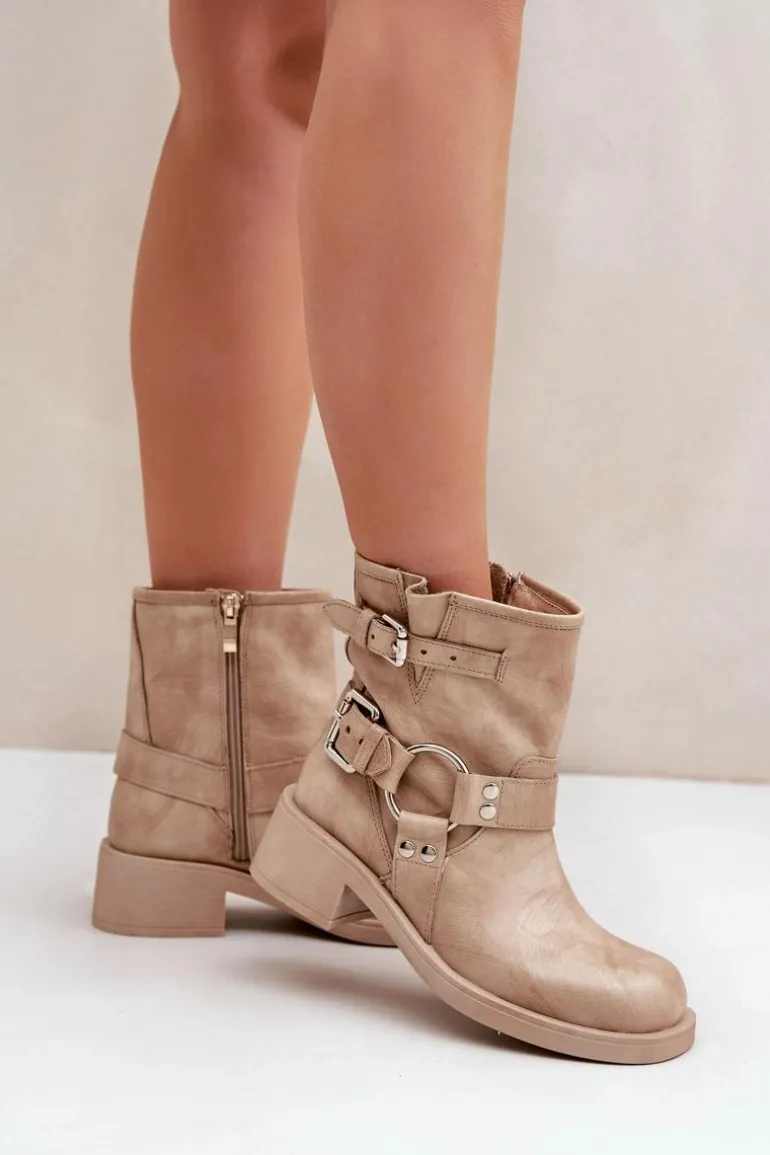 Skórzane Botki Damskie Na Niskim Obcasie Klocku Z Paskami Zazoo 3644 Beżowe