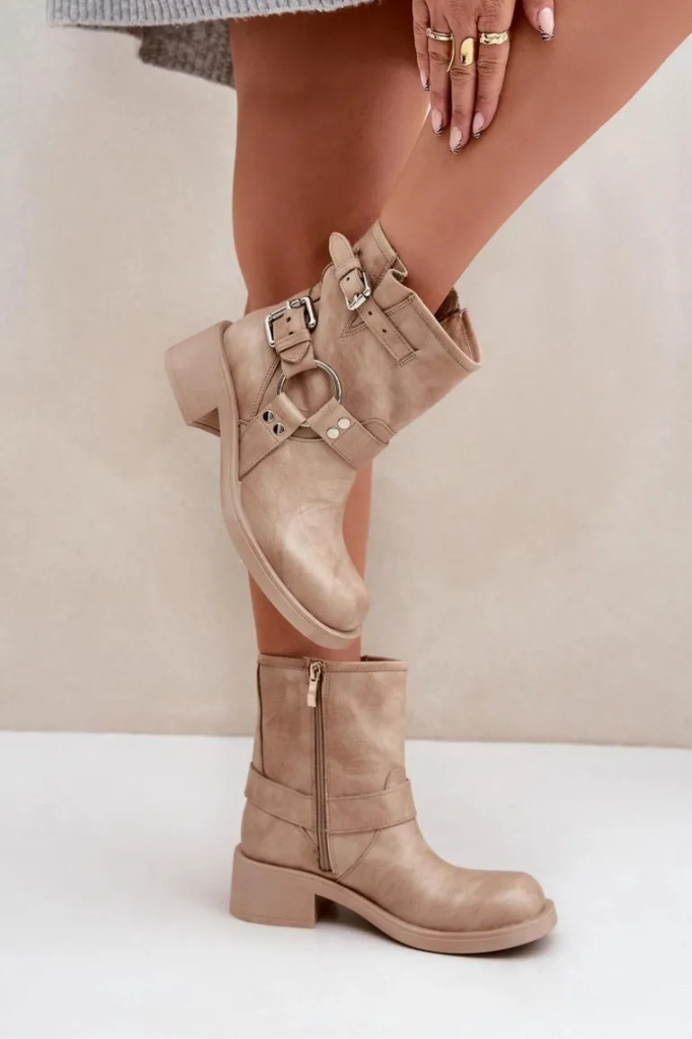 Skórzane Botki Damskie Na Niskim Obcasie Klocku Z Paskami Zazoo 3644 Beżowe