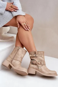 Skórzane Botki Damskie Na Niskim Obcasie Klocku Z Paskami Zazoo 3644 Beżowe