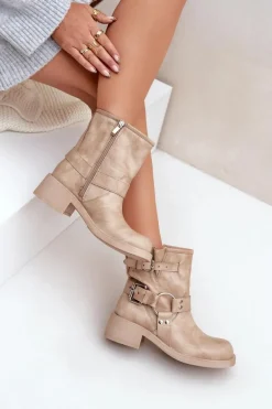 Skórzane Botki Damskie Na Niskim Obcasie Klocku Z Paskami Zazoo 3644 Beżowe