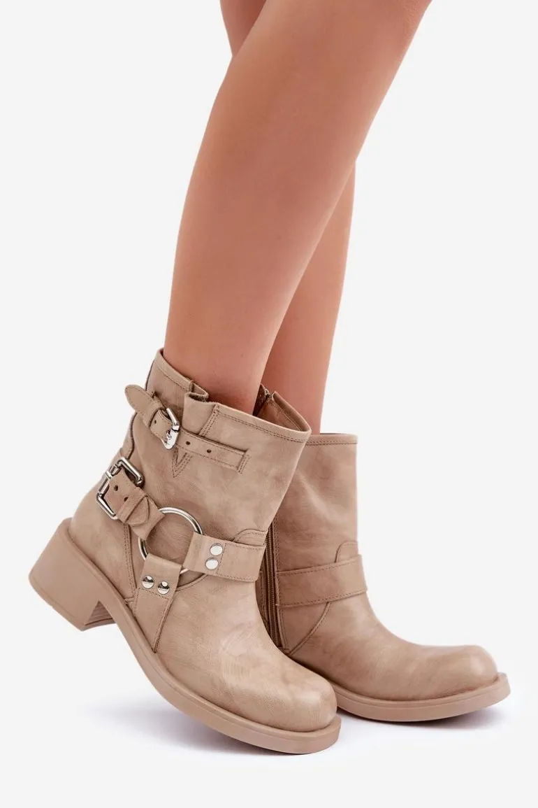 Skórzane Botki Damskie Na Niskim Obcasie Klocku Z Paskami Zazoo 3644 Beżowe