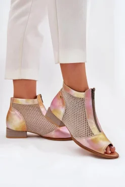 Skórzane Botki Damskie Na Płaskim Obcasie Z Odkrytymi Palcami Maciejka 06413-15 Różowo-Pomarańczowe