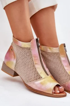 Skórzane Botki Damskie Na Płaskim Obcasie Z Odkrytymi Palcami Maciejka 06413-15 Różowo-Pomarańczowe