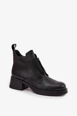 Skórzane Botki Damskie Na Klocku Z Ozdobą D&A JC52-869 Czarne