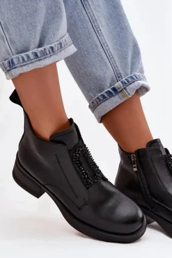 Skórzane Botki Damskie Na Klocku Z Ozdobą D&A JC52-869 Czarne