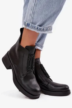 Skórzane Botki Damskie Na Klocku Z Ozdobą D&A JC52-869 Czarne