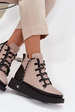 Skórzane Botki Damskie Na Platformie Ocieplane Artiker 55C0884 Beżowe