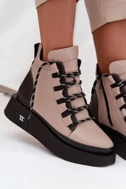 Skórzane Botki Damskie Na Platformie Ocieplane Artiker 55C0884 Beżowe