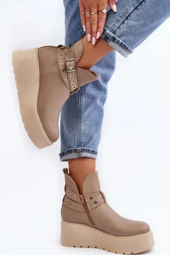 Skórzane Botki Damskie Na Koturnie Platformie Z Paskami Zazoo 1752 Beżowe