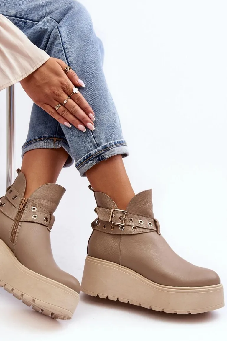 Skórzane Botki Damskie Na Koturnie Platformie Z Paskami Zazoo 1752 Beżowe