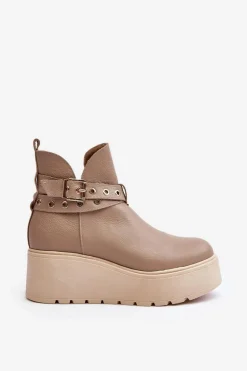 Skórzane Botki Damskie Na Koturnie Platformie Z Paskami Zazoo 1752 Beżowe