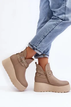 Skórzane Botki Damskie Na Koturnie Platformie Z Paskami Zazoo 1752 Beżowe
