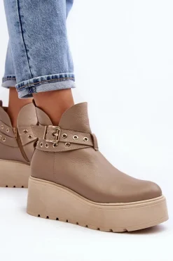 Skórzane Botki Damskie Na Koturnie Platformie Z Paskami Zazoo 1752 Beżowe