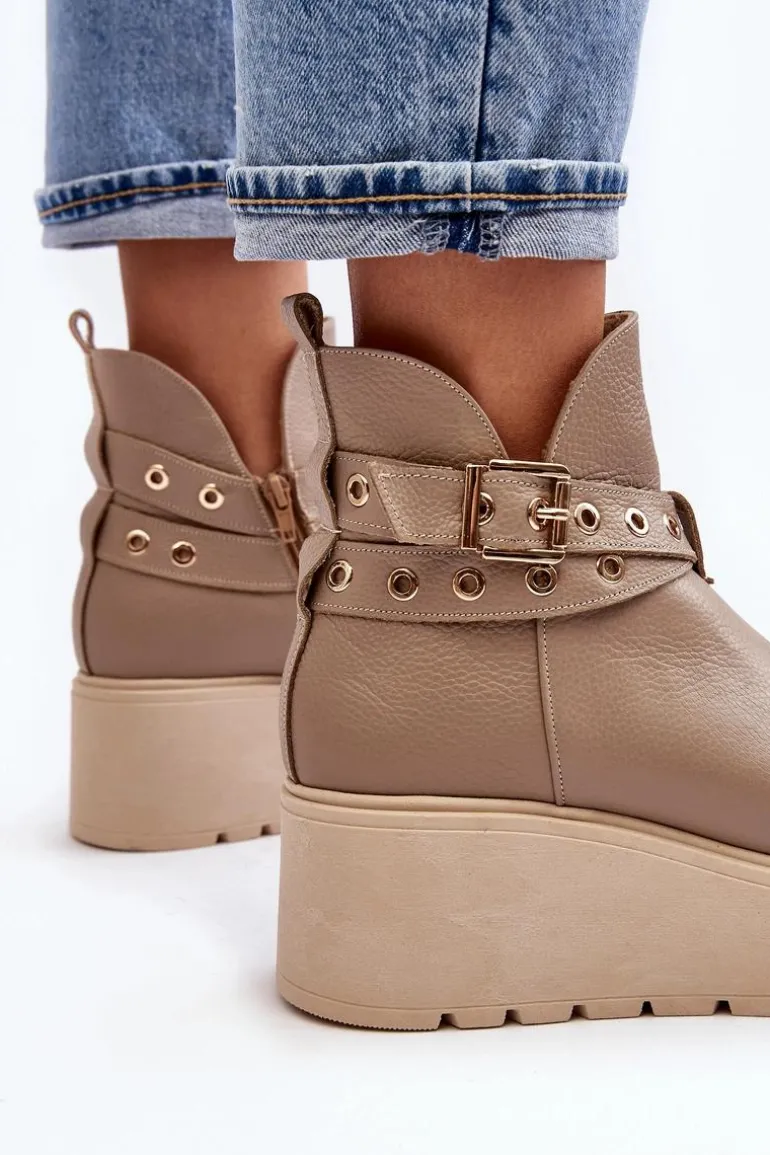 Skórzane Botki Damskie Na Koturnie Platformie Z Paskami Zazoo 1752 Beżowe