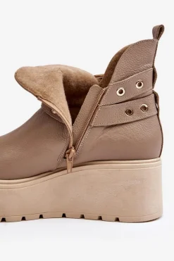 Skórzane Botki Damskie Na Koturnie Platformie Z Paskami Zazoo 1752 Beżowe