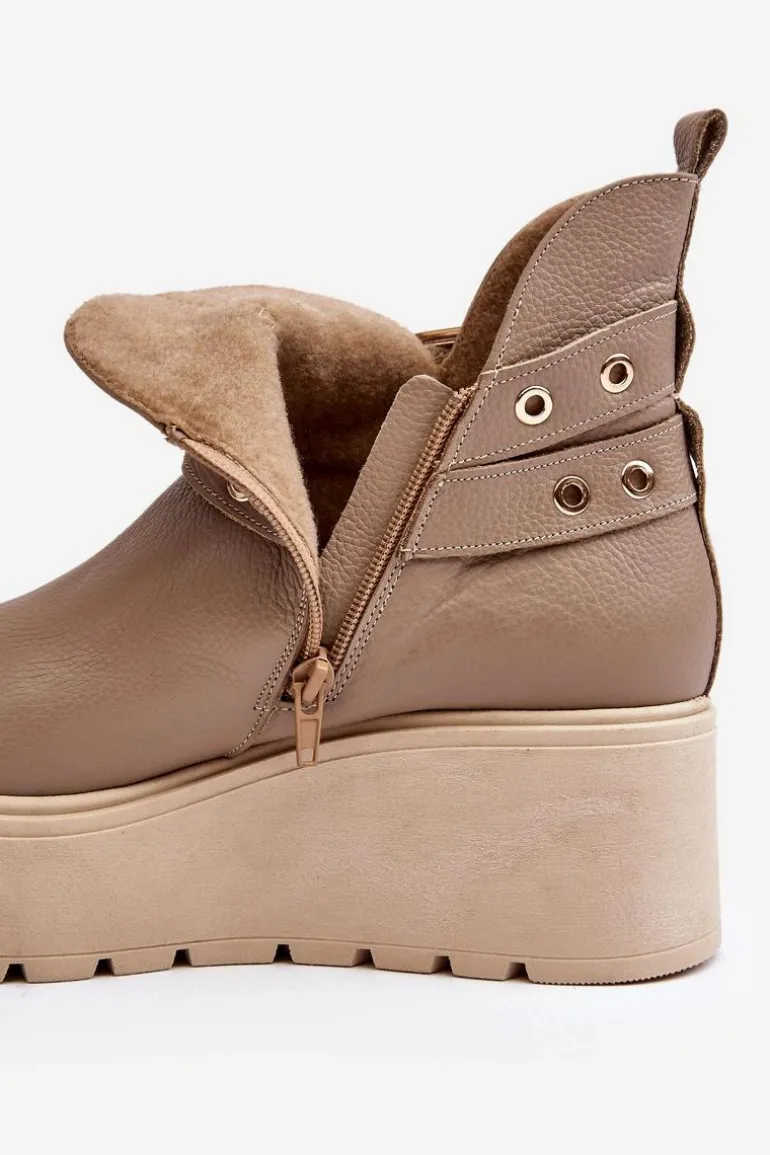 Skórzane Botki Damskie Na Koturnie Platformie Z Paskami Zazoo 1752 Beżowe