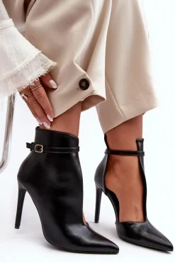 Skórzane Botki Damskie Na Szpilce Czarne Amalundi