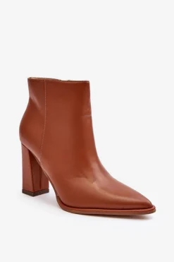 Skórzane Botki Damskie Na Słupku Brązowe Saitana