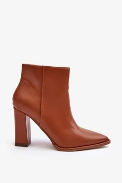 Skórzane Botki Damskie Na Słupku Brązowe Saitana