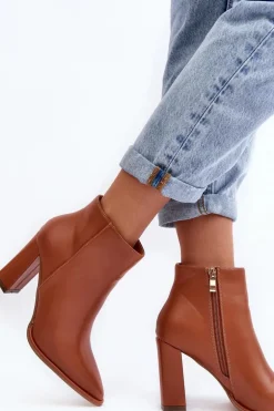 Skórzane Botki Damskie Na Słupku Brązowe Saitana