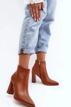 Skórzane Botki Damskie Na Słupku Brązowe Saitana