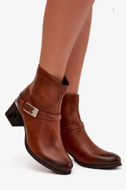 Skórzane Botki Damskie Na Obcasie Z Klamrą Zazoo 60562 Brązowe