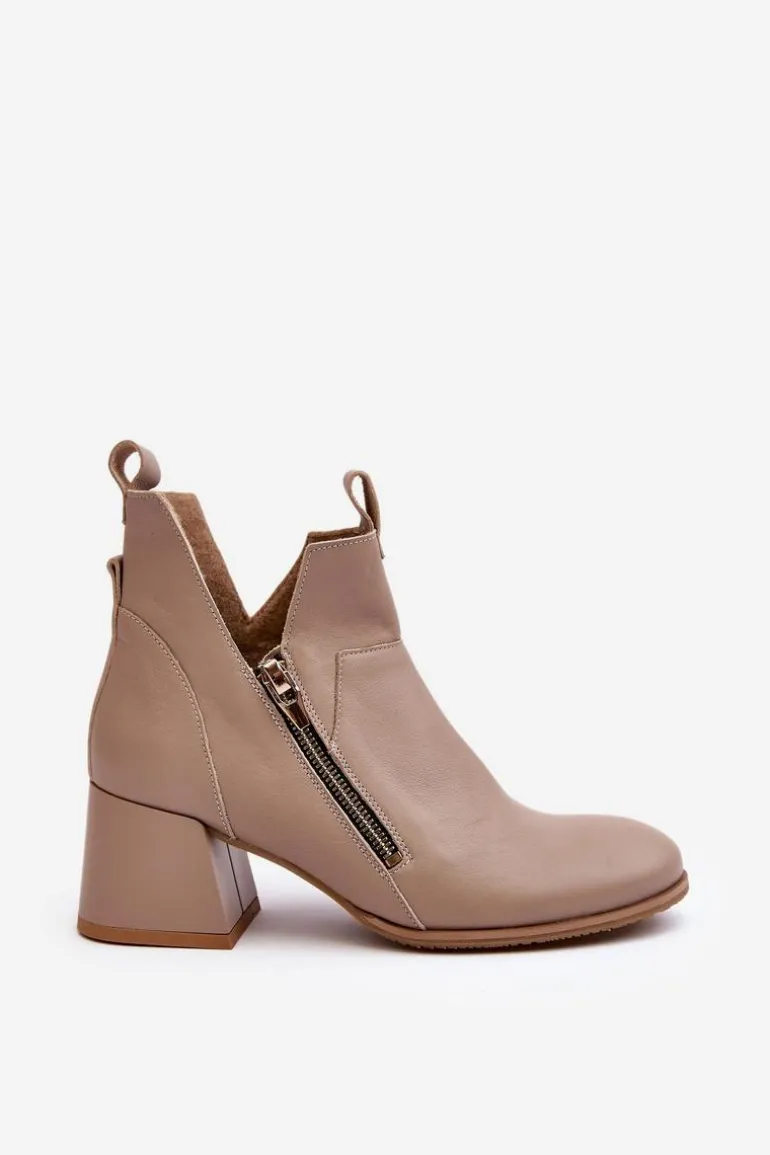 Skórzane Botki Damskie Na Niskim Obcasie Z Wycięciami Zazoo 850 Beżowe