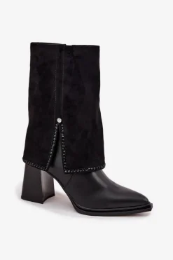 Skórzane Botki Damskie Na Słupku Z Wywiniętą Cholewką Ocieplane Maciejka K7206-01 Czarne