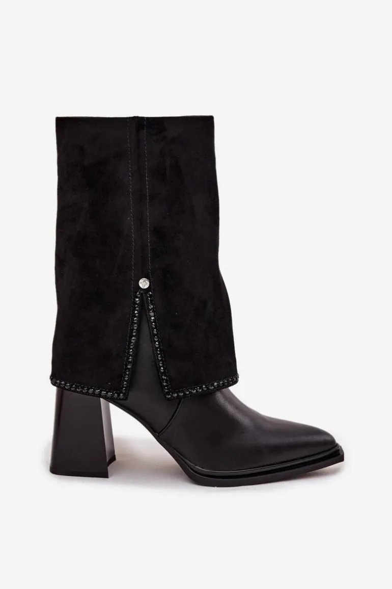 Skórzane Botki Damskie Na Słupku Z Wywiniętą Cholewką Ocieplane Maciejka K7206-01 Czarne