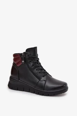 Skórzane Botki Damskie Na Koturnie Ocieplane Vinceza 39963 Czarne