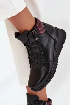 Skórzane Botki Damskie Na Koturnie Ocieplane Vinceza 39963 Czarne