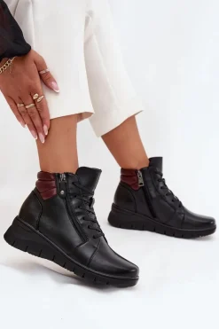 Skórzane Botki Damskie Na Koturnie Ocieplane Vinceza 39963 Czarne