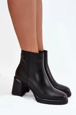 Skórzane Botki Damskie Na Słupku Czarne Julissa