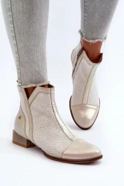 Skórzane Botki Damskie Na Niskim Obcasie Maciejka 06397-22 Jasnobeżowe