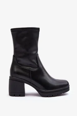Skórzane Botki Damskie Na Masywnym Obcasie Czarne Fllavie