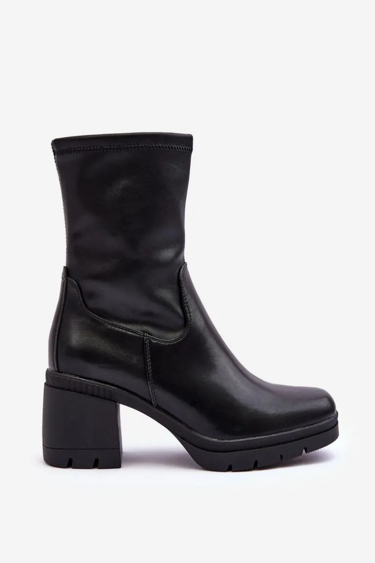 Skórzane Botki Damskie Na Masywnym Obcasie Czarne Fllavie