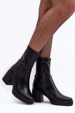 Skórzane Botki Damskie Na Masywnym Obcasie Czarne Fllavie