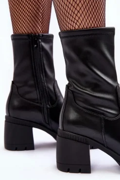 Skórzane Botki Damskie Na Masywnym Obcasie Czarne Fllavie