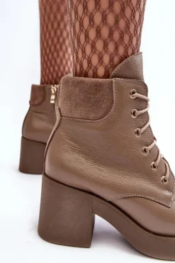 Skórzane Botki Damskie Na Słupku Ciemnobeżowe Lemar Leocera