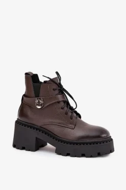 Skórzane Botki Damskie Na Klocku Z Ozdobnym Paskiem Ocieplane Zazoo 60557 Czekoladowe