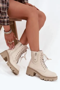 Skórzane Botki Damskie Na Klocku Ocieplane Vinceza 86418 Beżowe