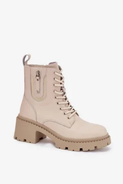 Skórzane Botki Damskie Na Klocku Ocieplane Vinceza 86418 Beżowe